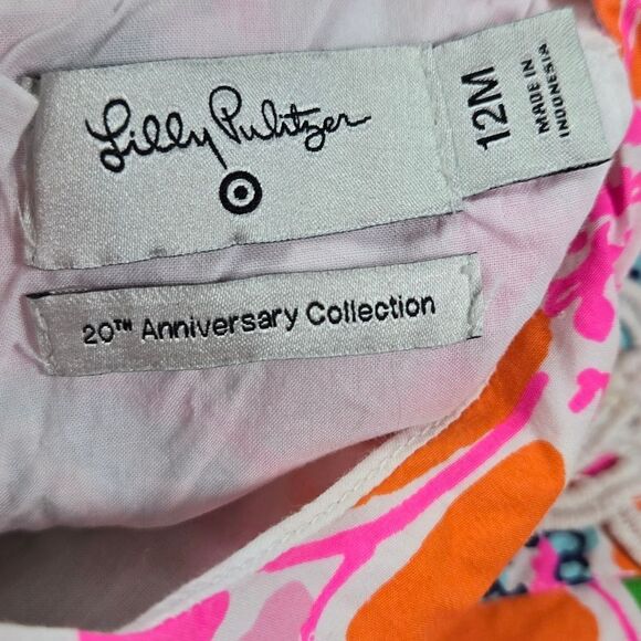Lilly Pulitzer Baby Girl Dress 12M Pink Bright Floral Designer Shift Lace Detail - Picture 2 of 8